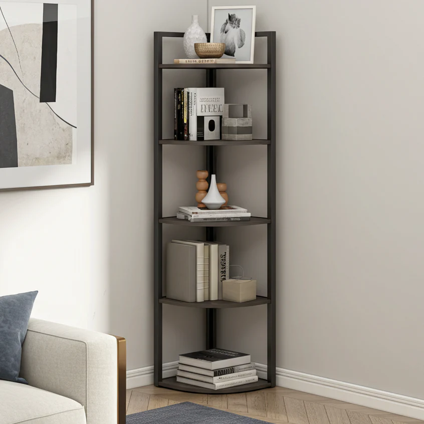 Optima 5 Tier Wood & Steel Corner Shelf Organizer Unit (Rustic Grey) - Image 19