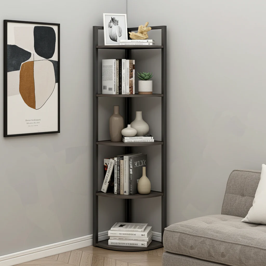 Optima 5 Tier Wood & Steel Corner Shelf Organizer Unit (Rustic Grey) - Image 20