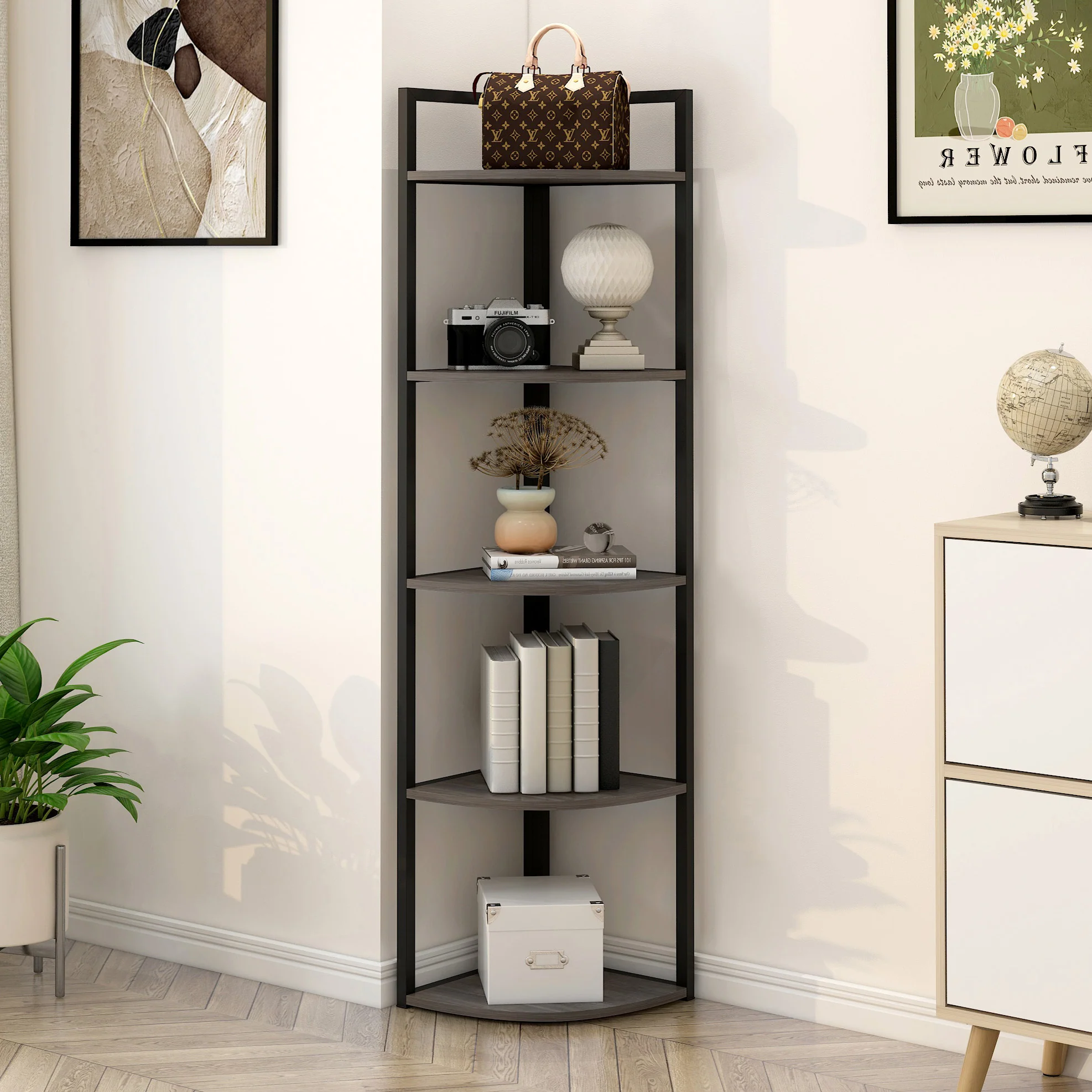 Optima 5 Tier Wood & Steel Corner Shelf Organizer Unit (Rustic Grey) - Image 4