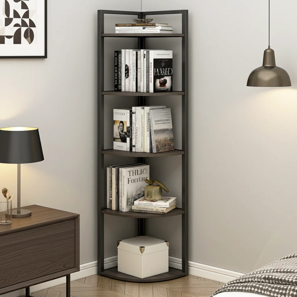 Optima 5 Tier Wood & Steel Corner Shelf Organizer Unit (Rustic Grey) - Image 5