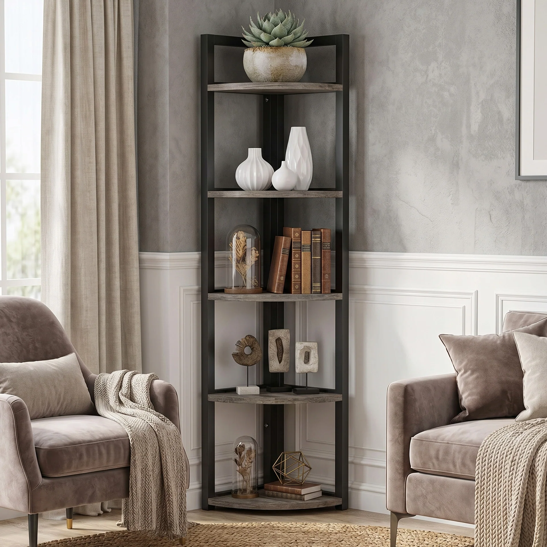 Optima 5 Tier Wood & Steel Corner Shelf Organizer Unit (Rustic Grey) - Image 6