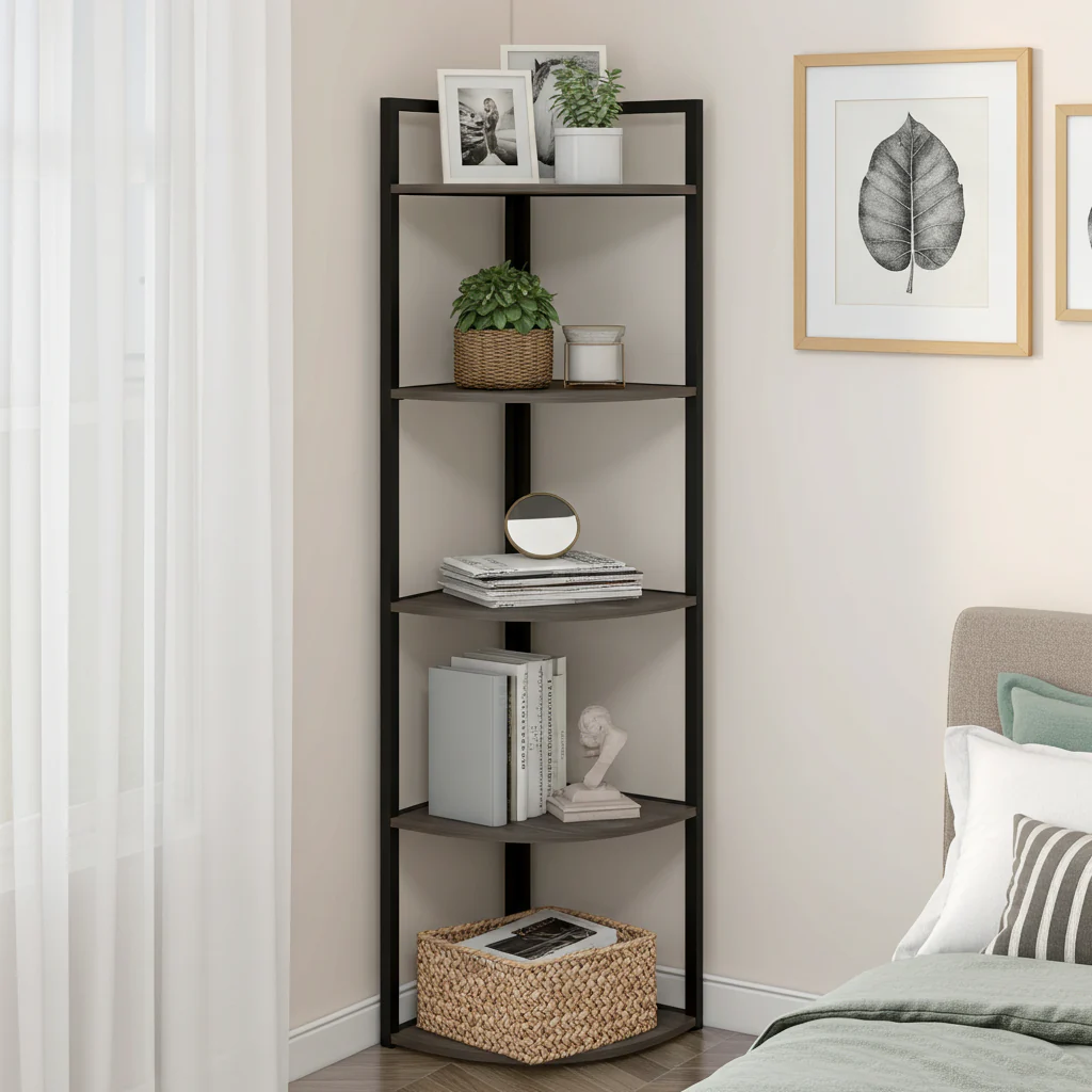 Optima 5 Tier Wood & Steel Corner Shelf Organizer Unit (Rustic Grey) - Image 7