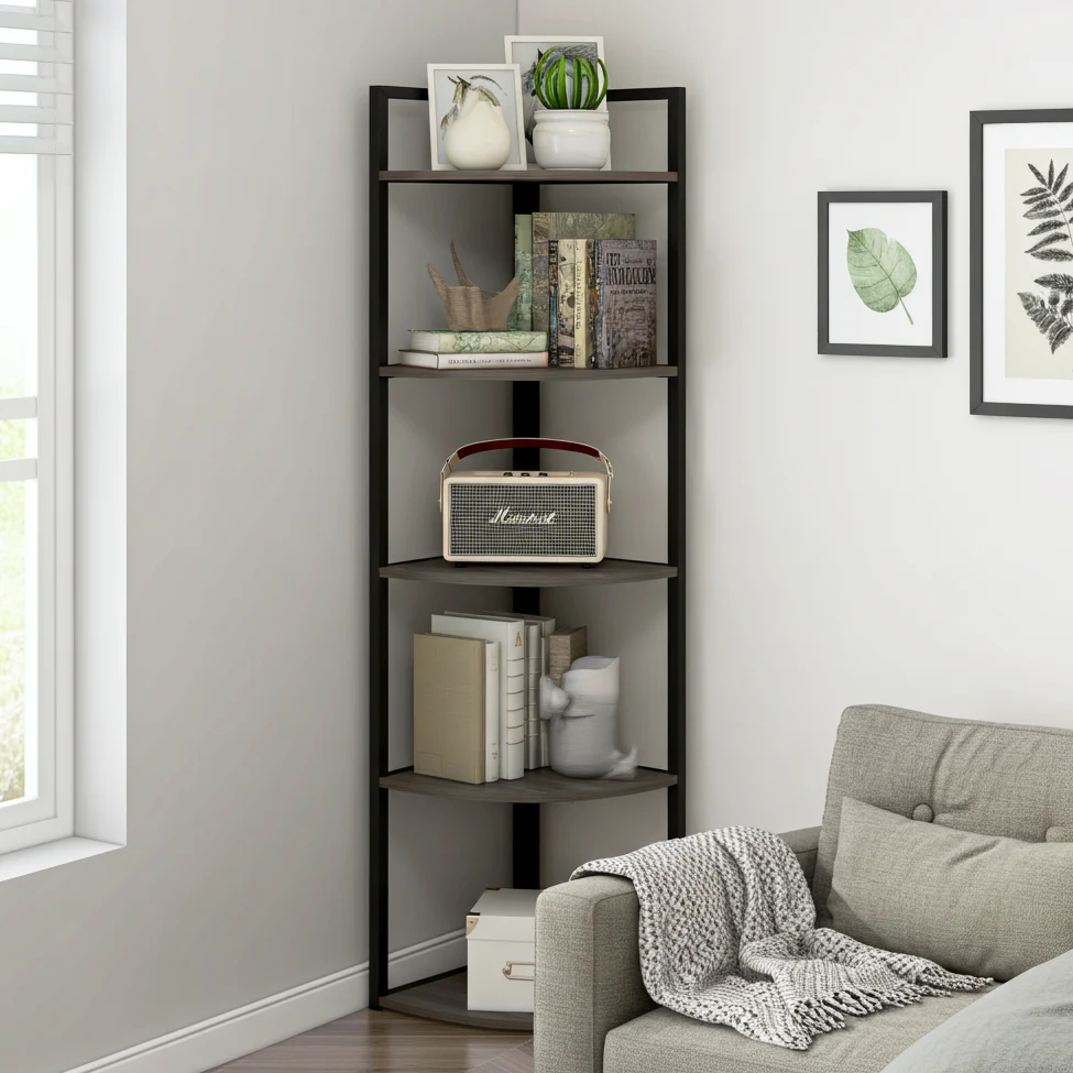 Optima 5 Tier Wood & Steel Corner Shelf Organizer Unit (Rustic Grey) - Image 8