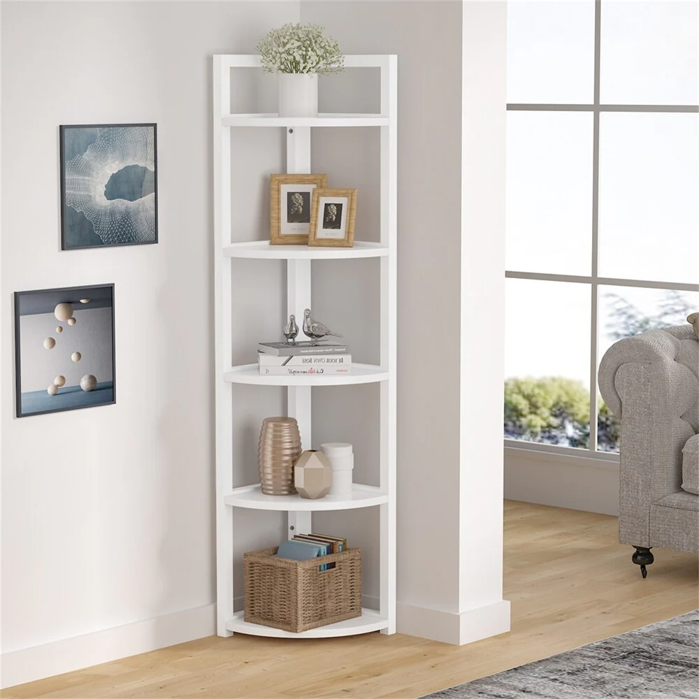 Optima 5 Tier Wood & Steel Corner Shelf Organizer Unit (White) - Image 2