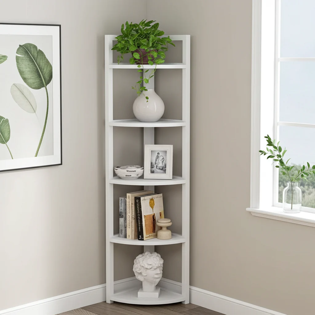 Optima 5 Tier Wood & Steel Corner Shelf Organizer Unit (White) - Image 20