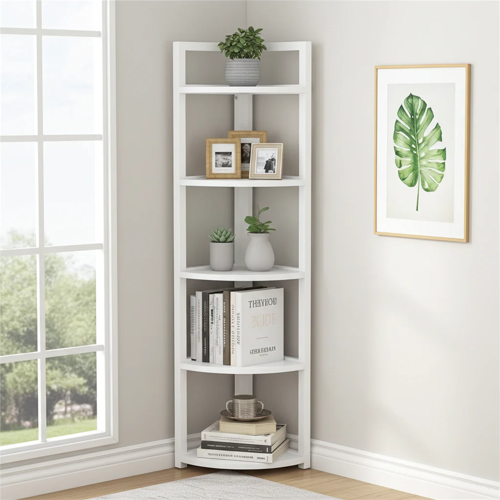 Optima 5 Tier Wood & Steel Corner Shelf Organizer Unit (White) - Image 9