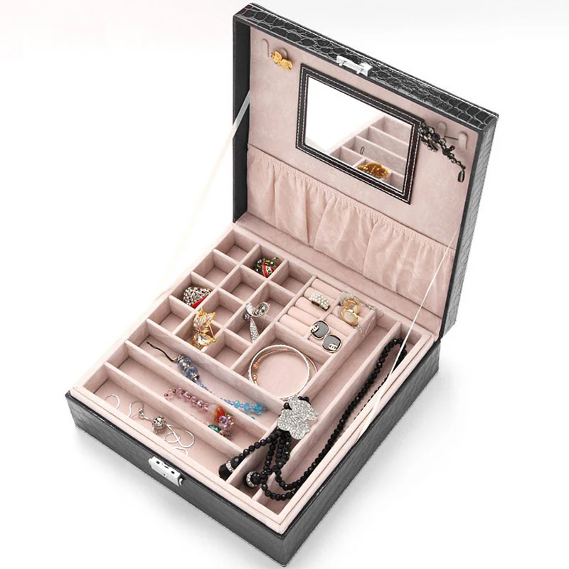 Deluxe Crocodile Leather Look Jewellery Box Storage Case Organiser (Black) - Image 5