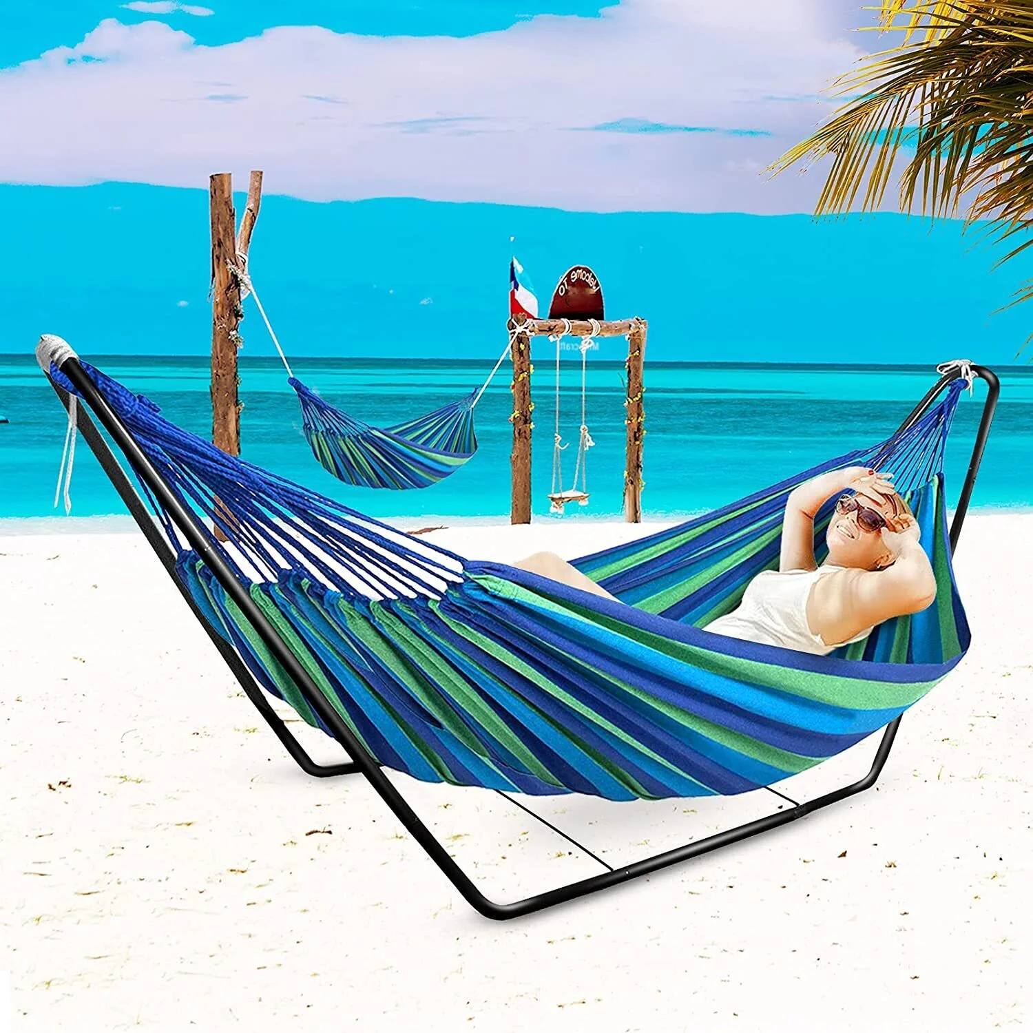 Deluxe Double Hammock and Premium Steel Stand Combo Set (Blue) - Image 6