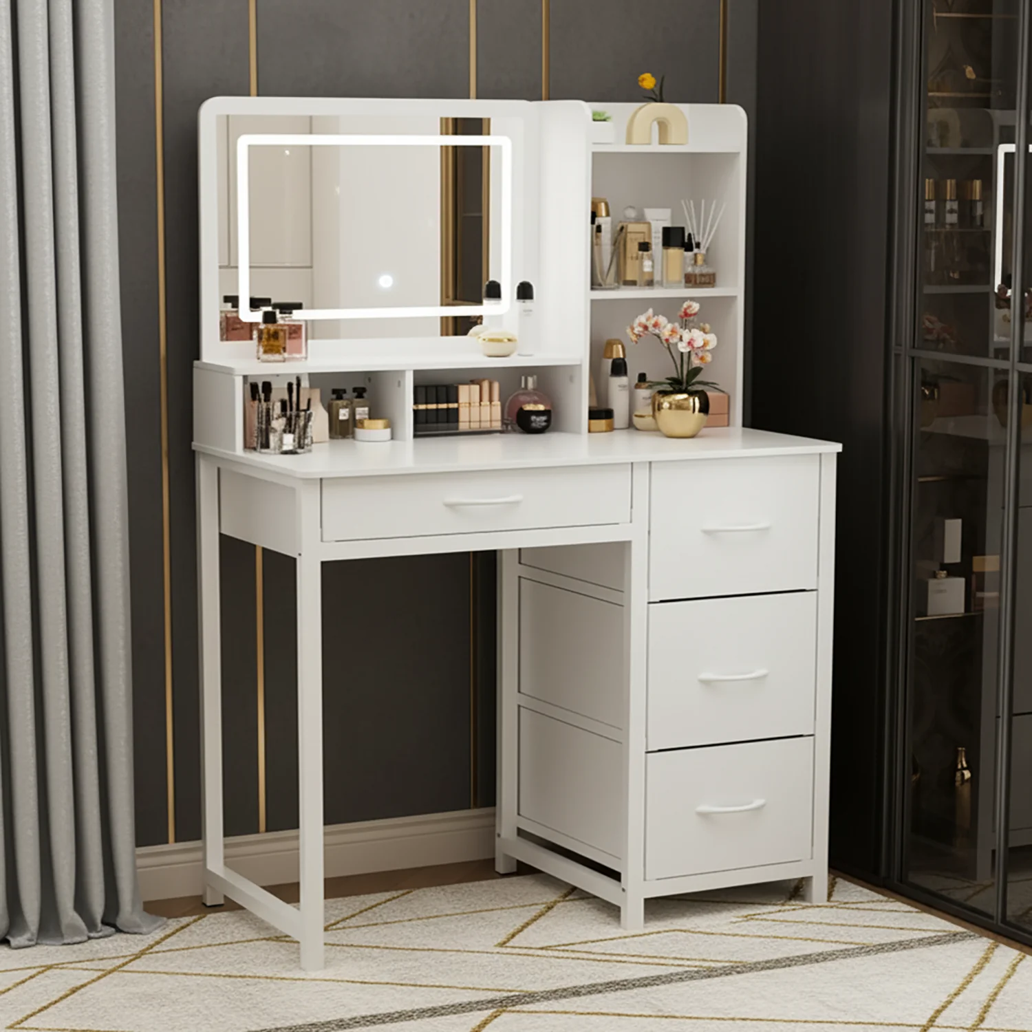 Deluxe LED Mirror Dresser Vanity Dressing Table Desk with Drawers White - Image 3
