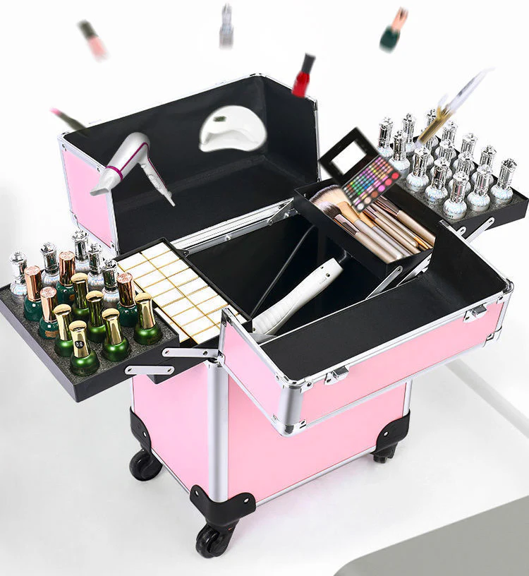 Deluxe Professional Beauty Makeup Cosmetic Suitcase Travel Organizer Luggage (Pink) - Image 12