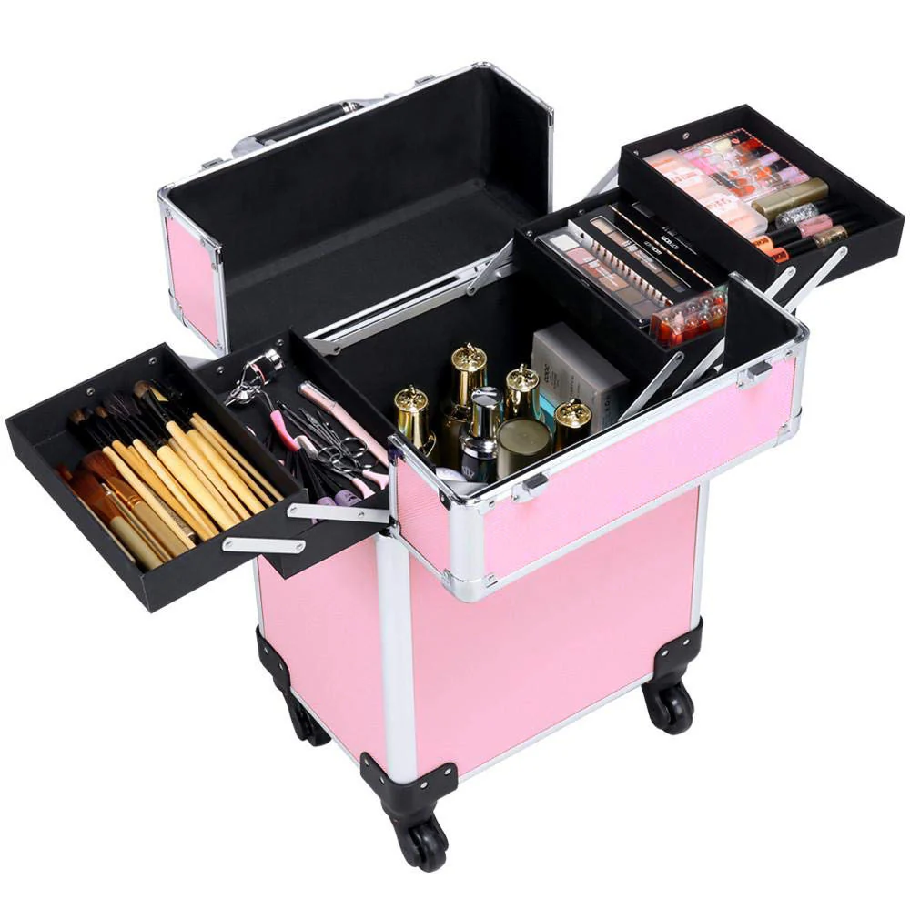 Deluxe Professional Beauty Makeup Cosmetic Suitcase Travel Organizer Luggage (Pink) - Image 2