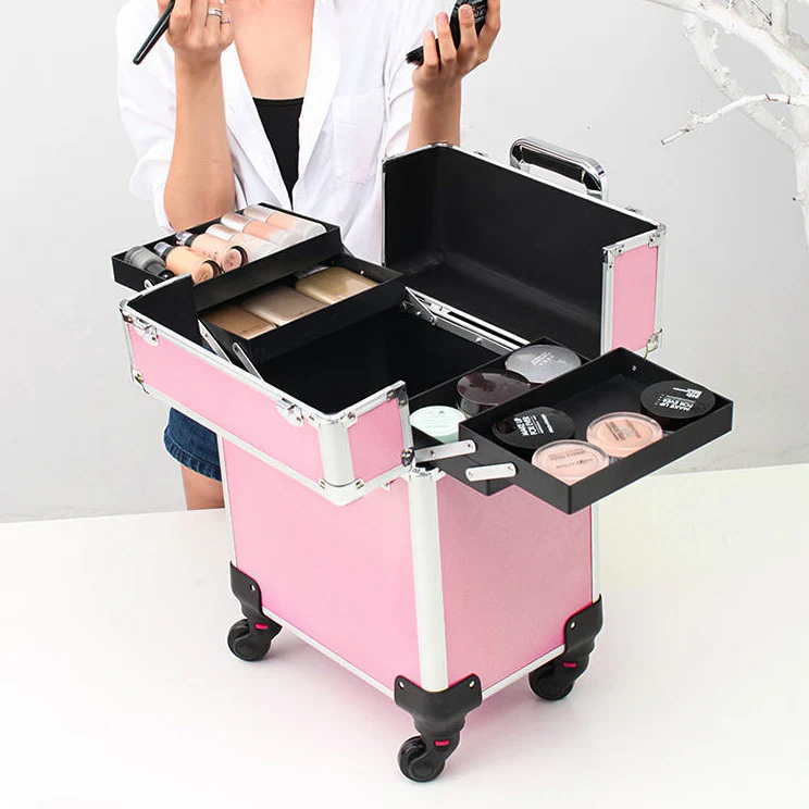Deluxe Professional Beauty Makeup Cosmetic Suitcase Travel Organizer Luggage (Pink) - Image 3