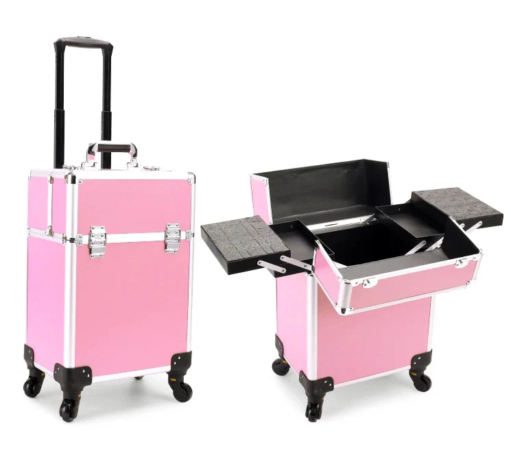 Deluxe Professional Beauty Makeup Cosmetic Suitcase Travel Organizer Luggage (Pink) - Image 7