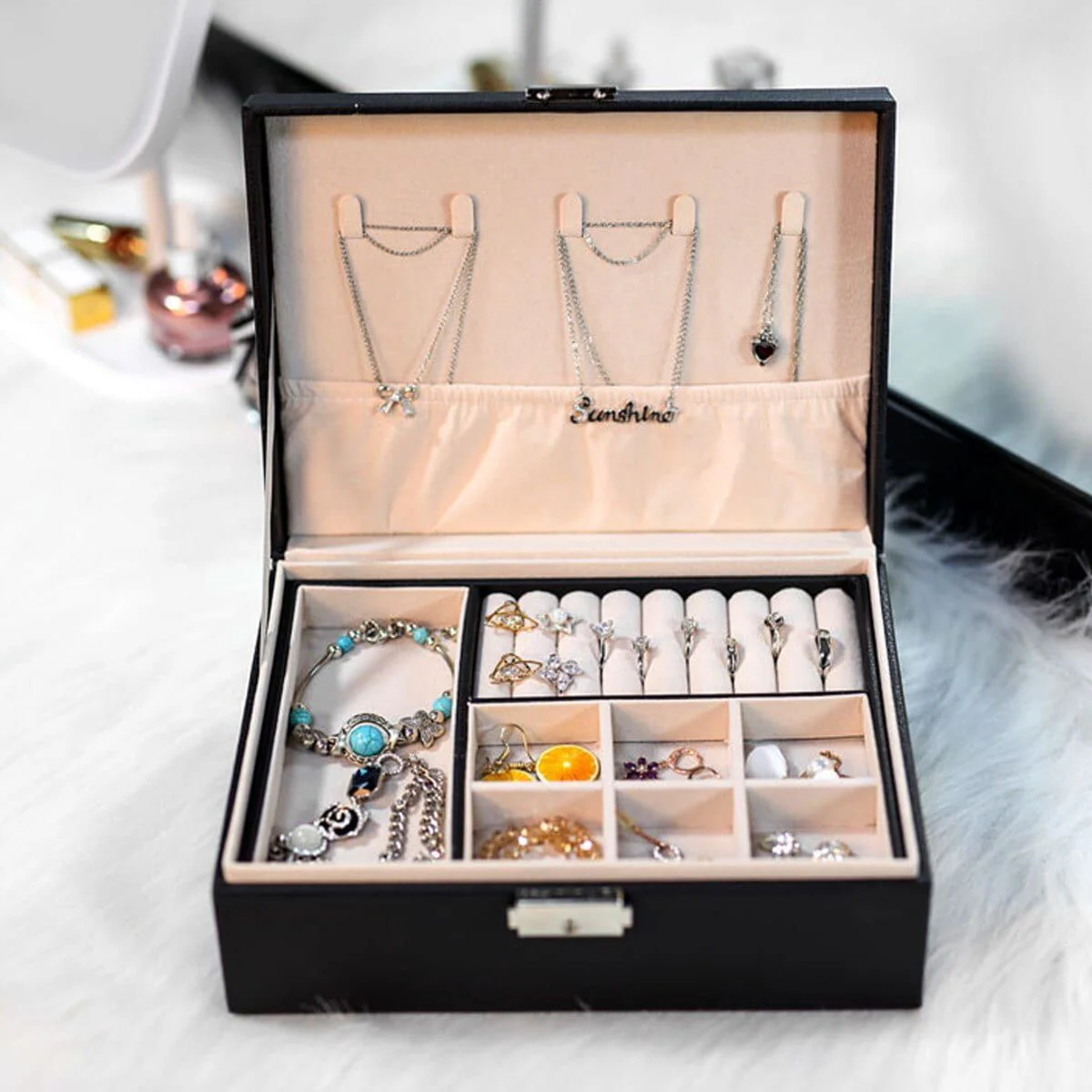Deluxe PU Leather Jewellery Box Storage Case Organiser (Black) - Image 12