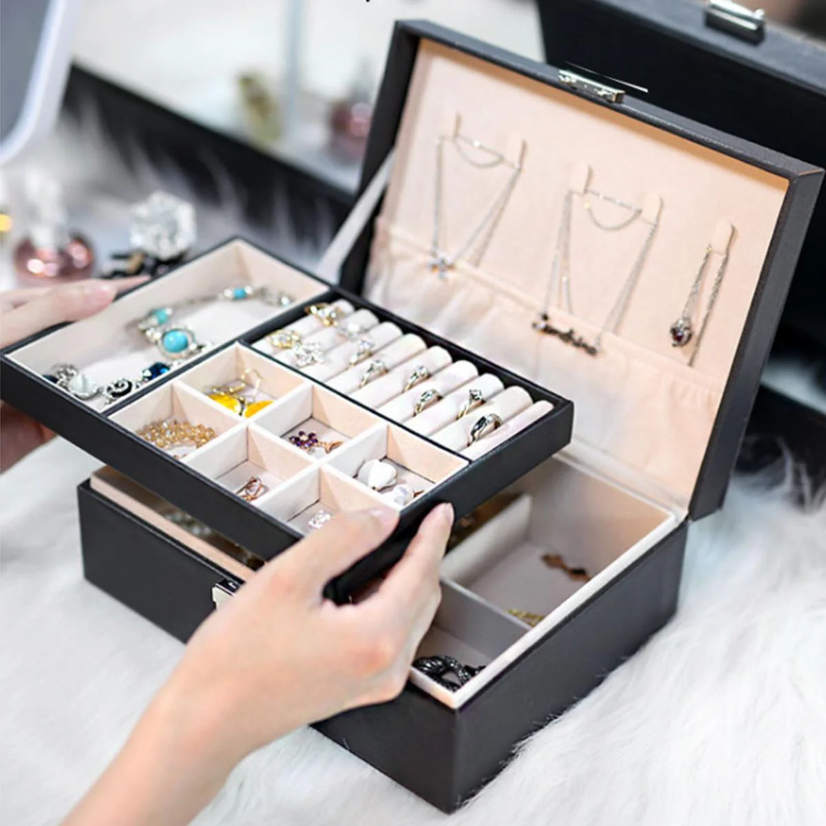 Deluxe PU Leather Jewellery Box Storage Case Organiser (Black) - Image 4