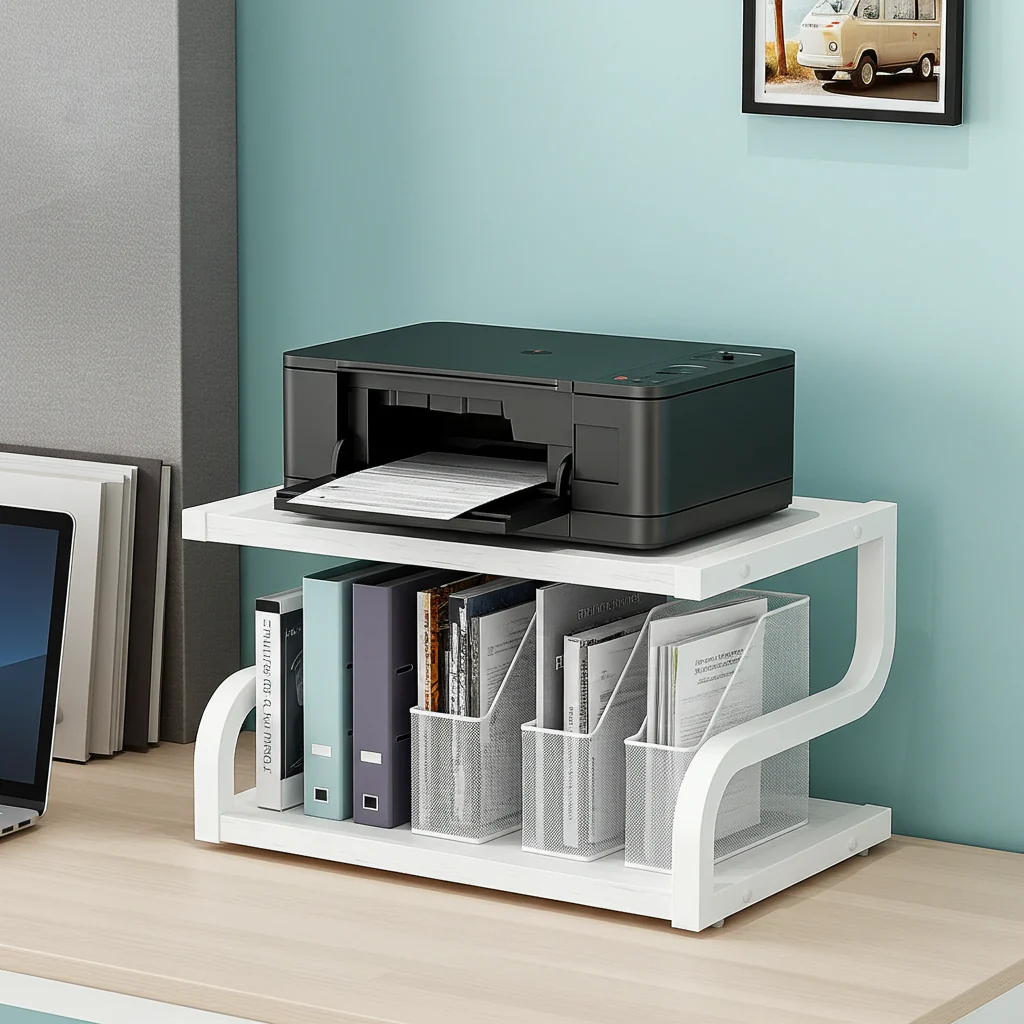 Deluxe Rustic Oak Desktop Shelf Wood & Steel Printer Stand Storage Rack Organizer (White) - Image 14