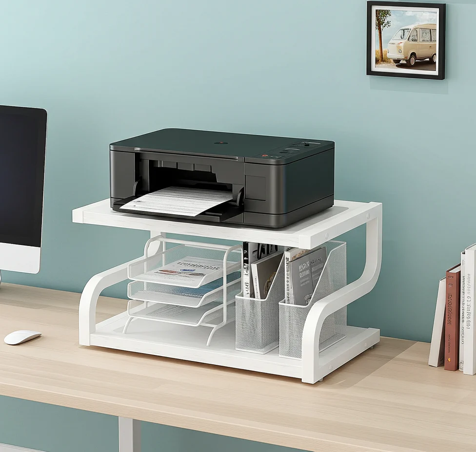 Deluxe Rustic Oak Desktop Shelf Wood & Steel Printer Stand Storage Rack Organizer (White) - Image 16