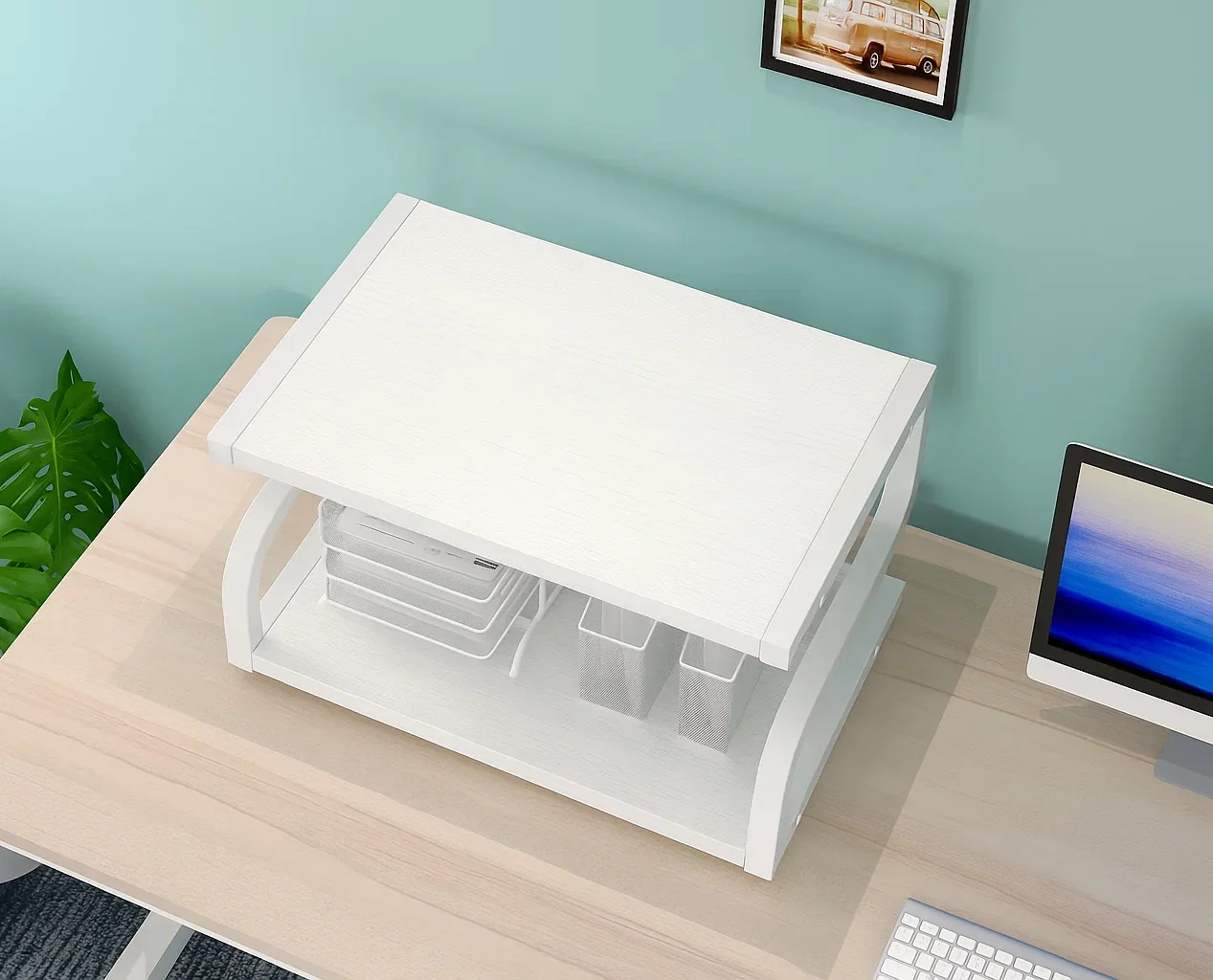 Deluxe Rustic Oak Desktop Shelf Wood & Steel Printer Stand Storage Rack Organizer (White) - Image 17