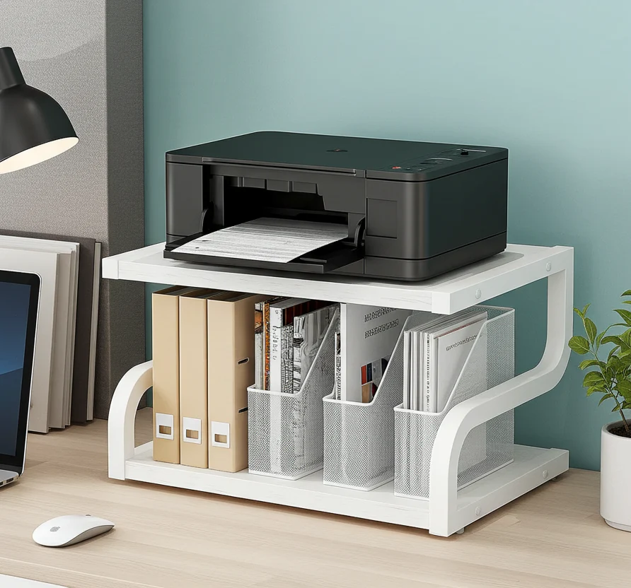 Deluxe Rustic Oak Desktop Shelf Wood & Steel Printer Stand Storage Rack Organizer (White) - Image 6