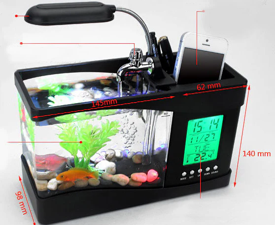 Desktop Aquarium USB Fish Tank/Alarm Clock/Lamp (Black) - Image 4