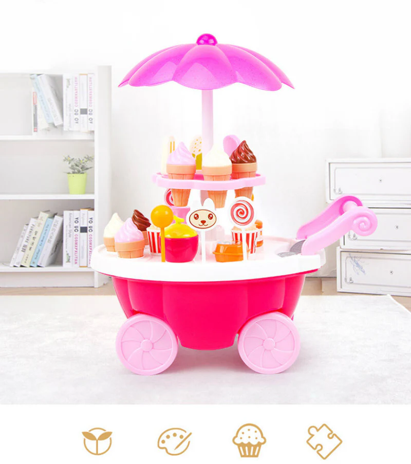 Dessert Trolley Mini Ice Cream Cart Pretend Food Toy Play Set - Image 11