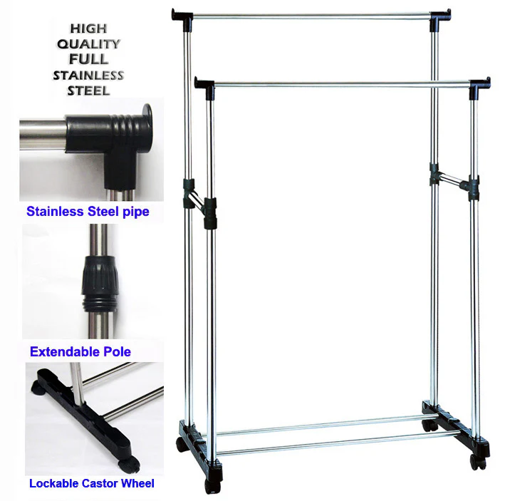 Double 3-Tier Portable Stainless Steel Clothes Shoes Organiser Hanger Rack Garment Dryer - Image 10