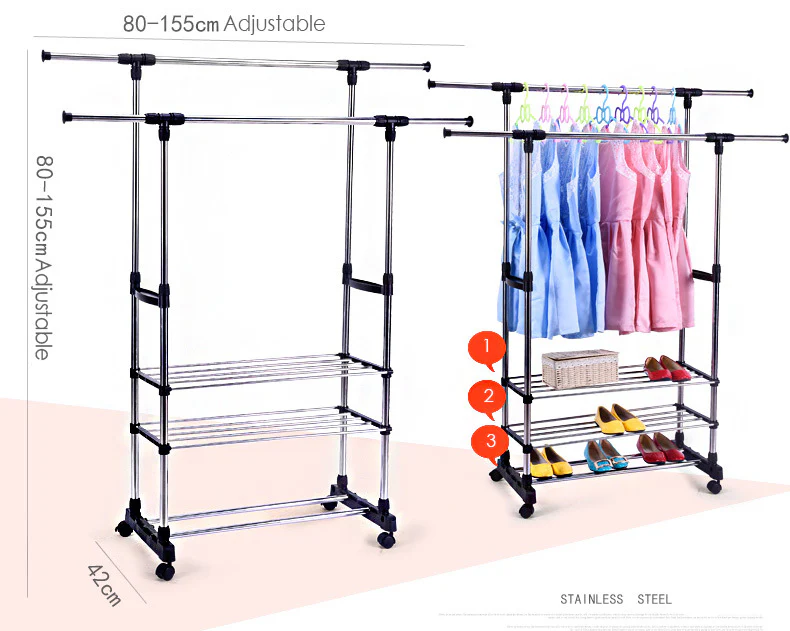 Double 3-Tier Portable Stainless Steel Clothes Shoes Organiser Hanger Rack Garment Dryer - Image 3