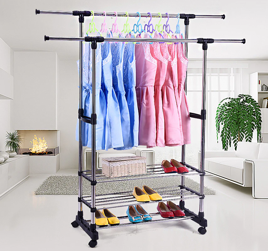 Double 3-Tier Portable Stainless Steel Clothes Shoes Organiser Hanger Rack Garment Dryer - Image 6