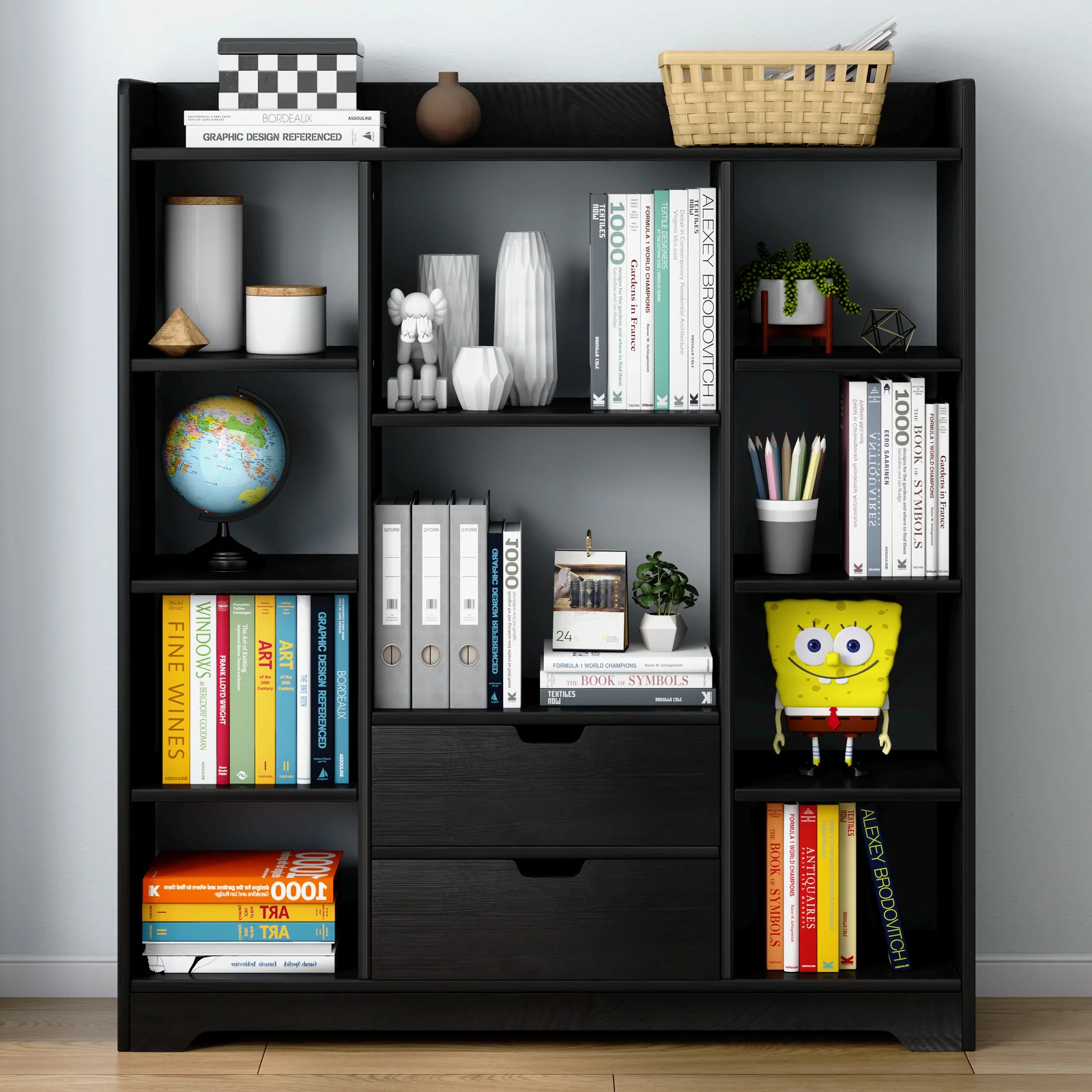 Eden Wardrobe Cupboard Bookshelf with Drawer Furniture (Black) - Image 2