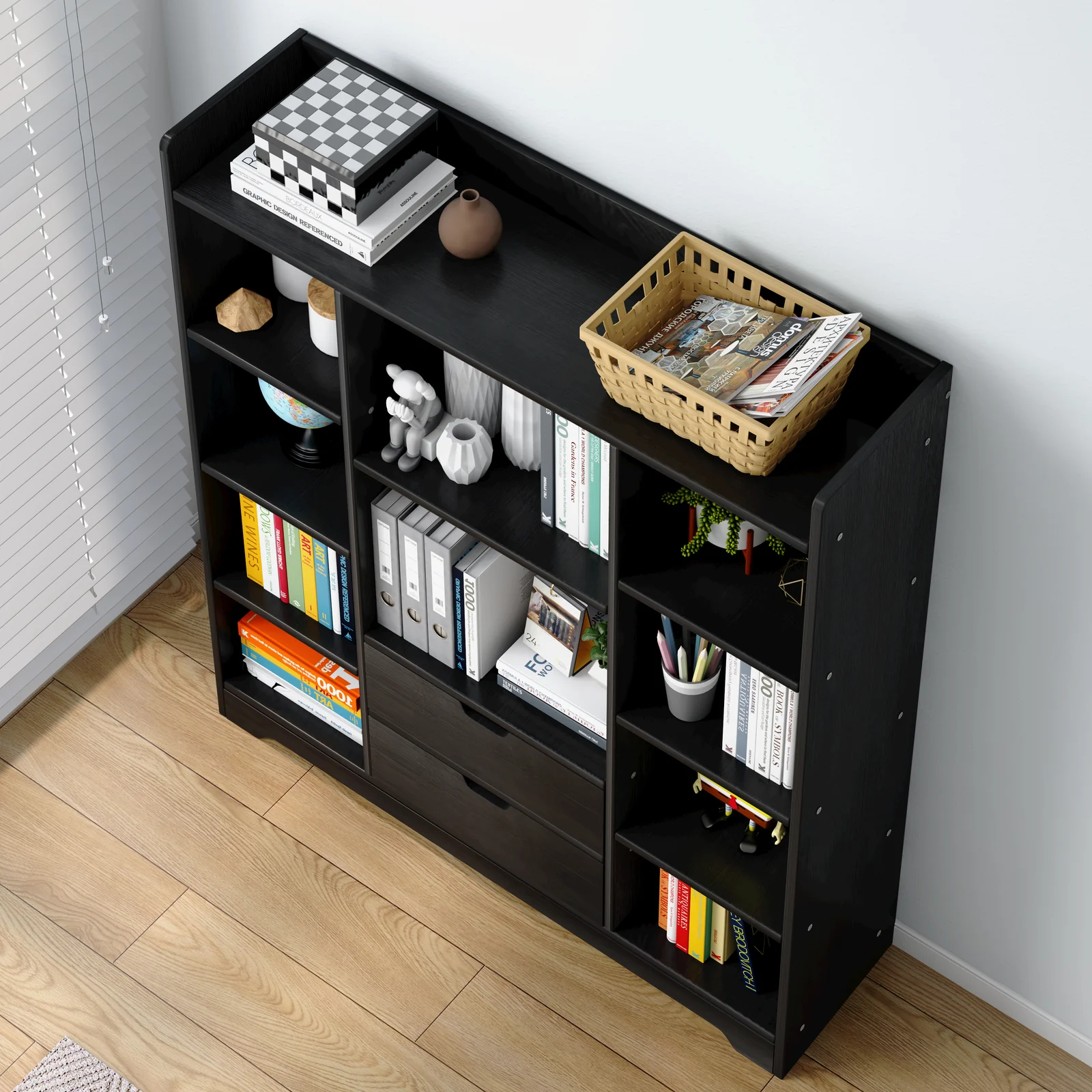 Eden Wardrobe Cupboard Bookshelf with Drawer Furniture (Black) - Image 4