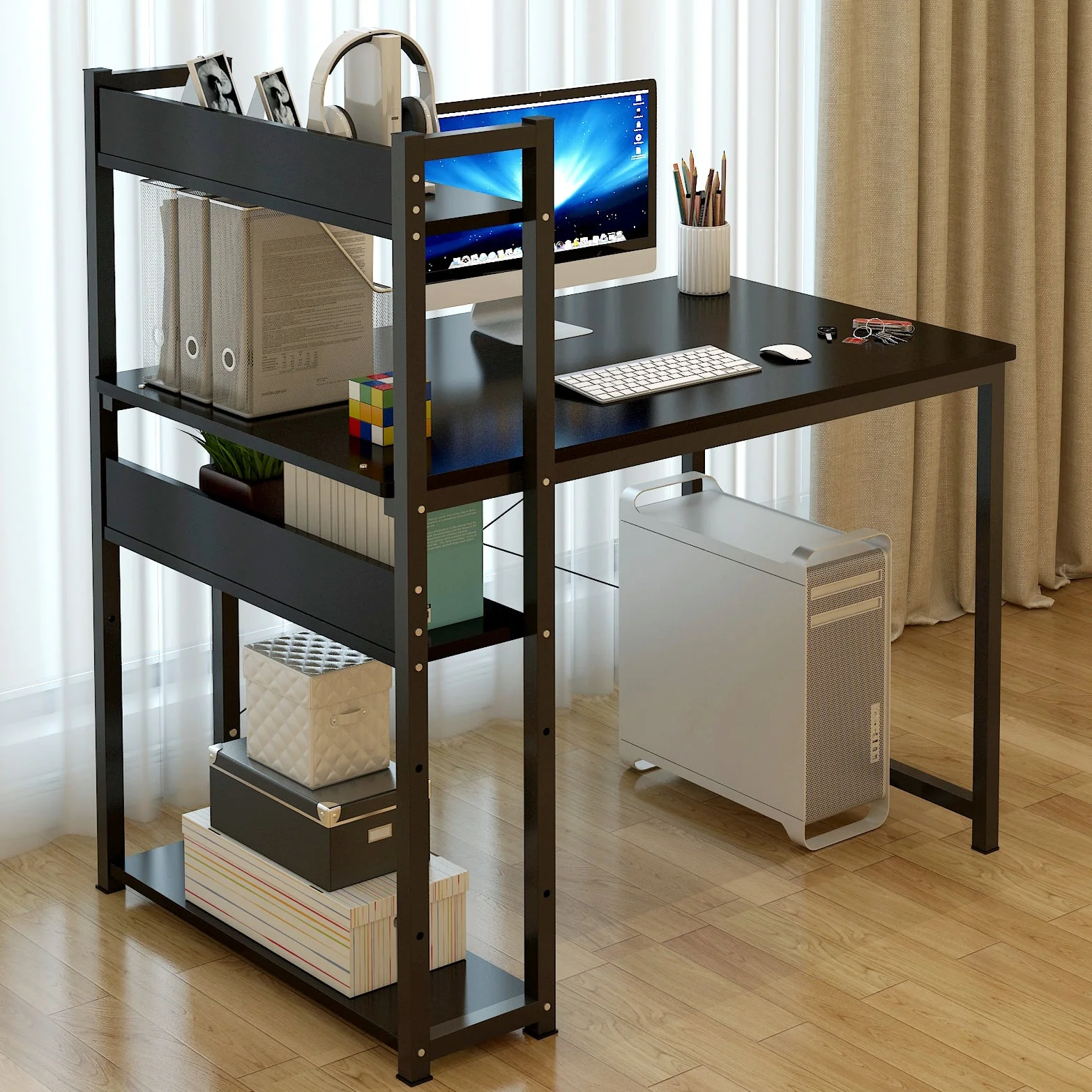Edge Combination Workstation Computer Desk with Storage Shelves (Black) - Image 3
