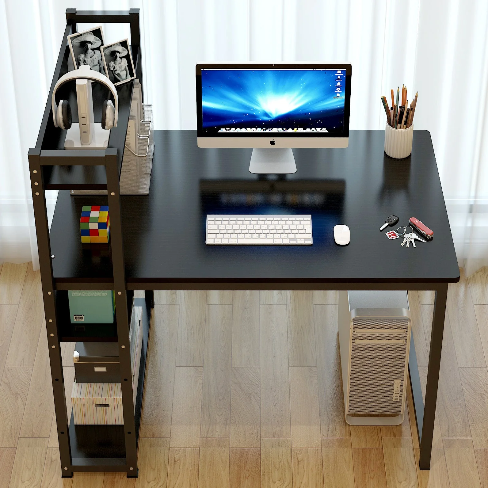 Edge Combination Workstation Computer Desk with Storage Shelves (Black) - Image 8