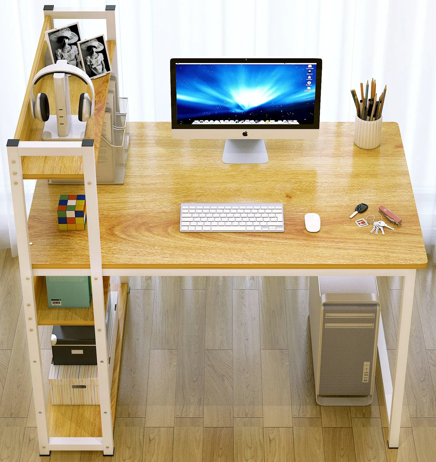 Edge Combination Workstation Computer Desk with Storage Shelves (Oak) - Image 3