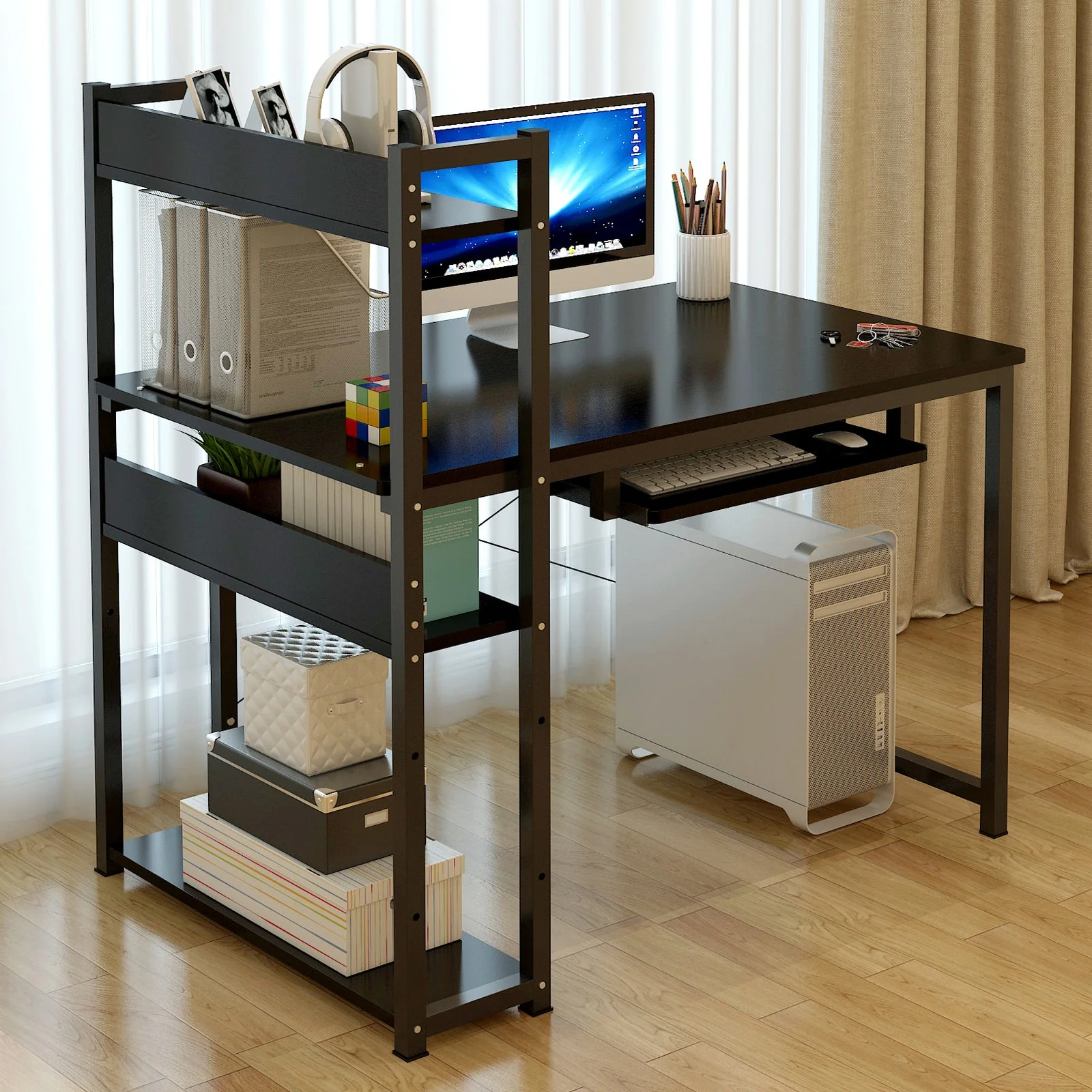 Edge Plus Combination Workstation Computer Desk with Storage Shelves (Black) - Image 2