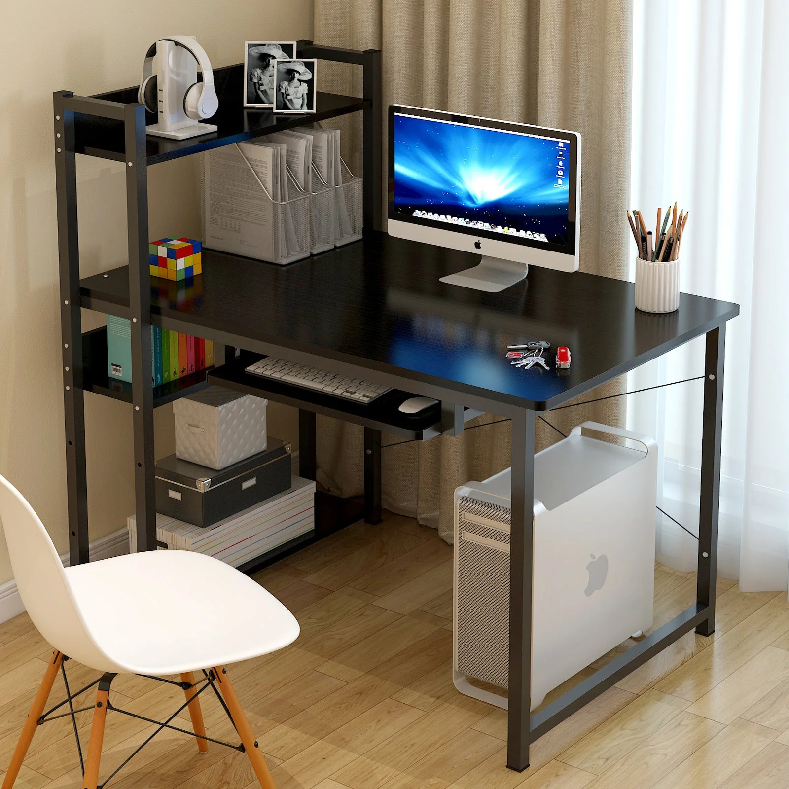 Edge Plus Combination Workstation Computer Desk with Storage Shelves (Black) - Image 3