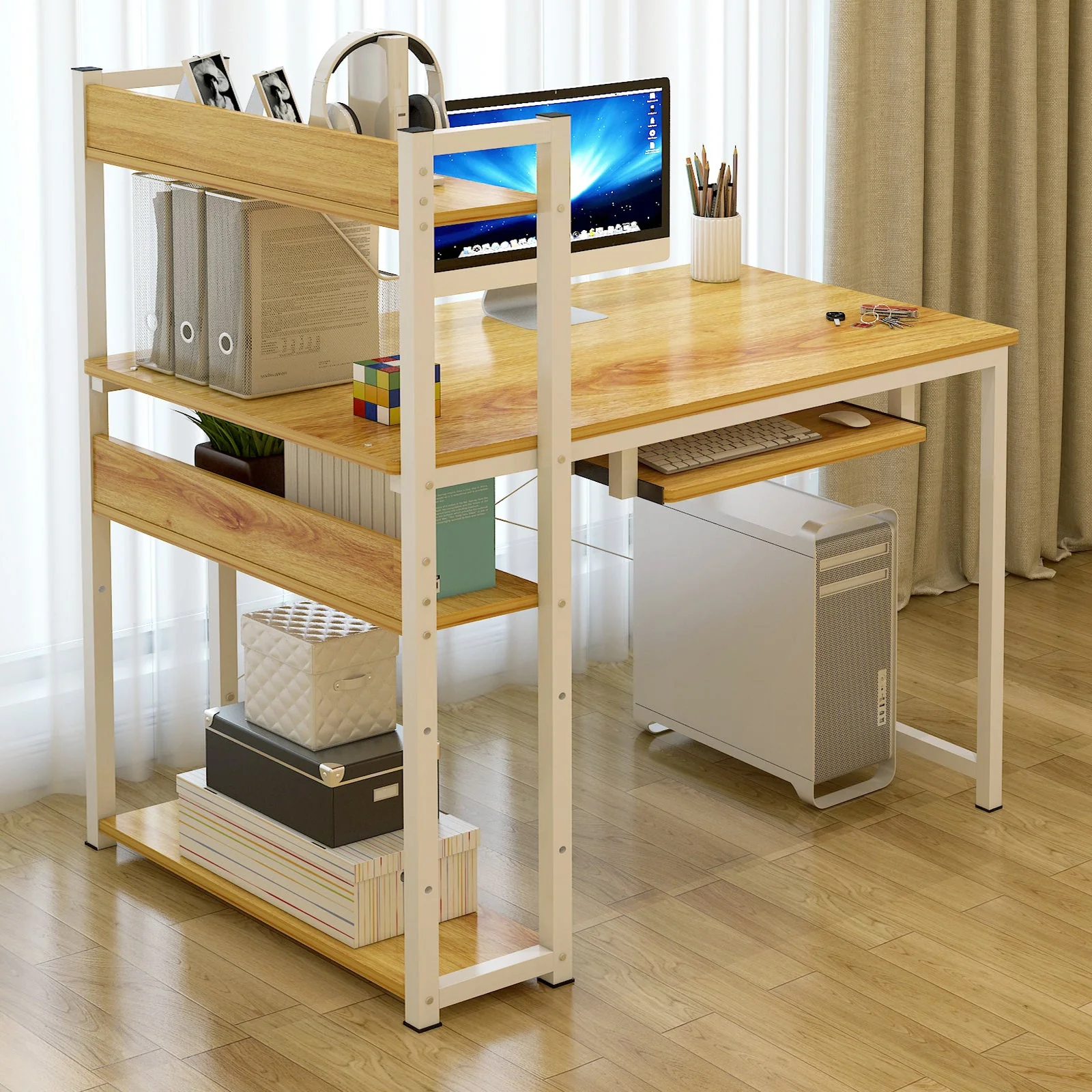 Edge Plus Combination Workstation Computer Desk with Storage Shelves (Oak) - Image 2