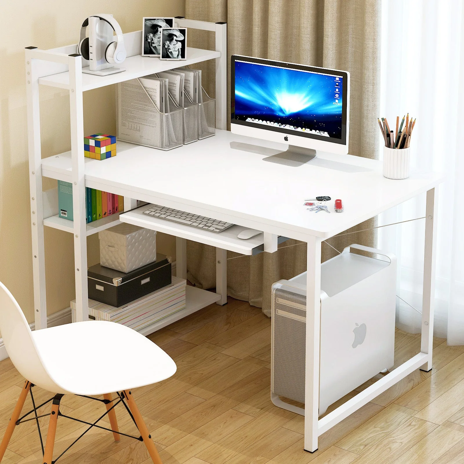 Edge Plus Combination Workstation Computer Desk with Storage Shelves (White) - Image 2