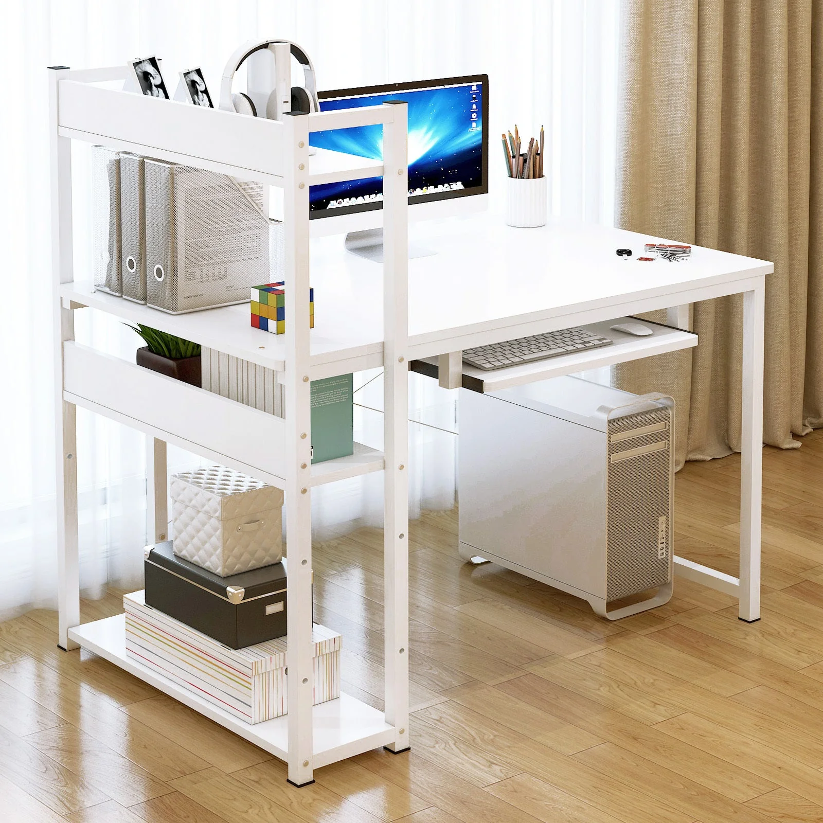 Edge Plus Combination Workstation Computer Desk with Storage Shelves (White) - Image 3