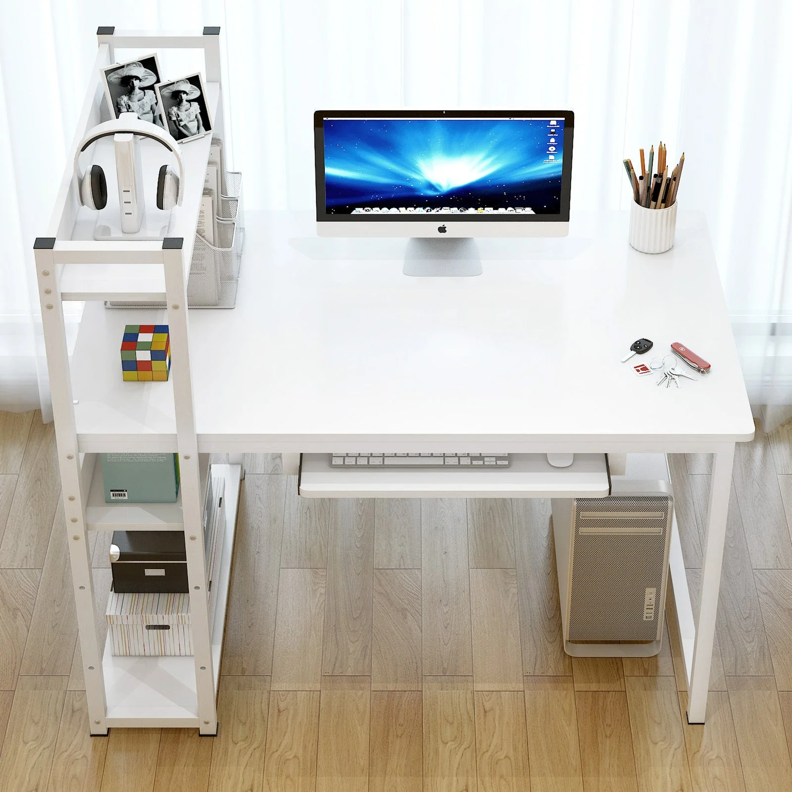 Edge Plus Combination Workstation Computer Desk with Storage Shelves (White) - Image 6