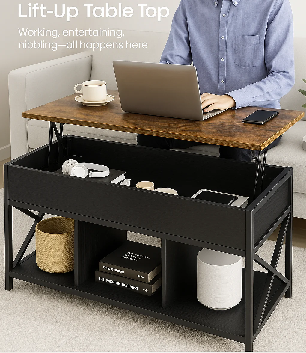 Elara Multifunction Lift Top Coffee Table with Hidden Storage Shelf Organizer - Image 2