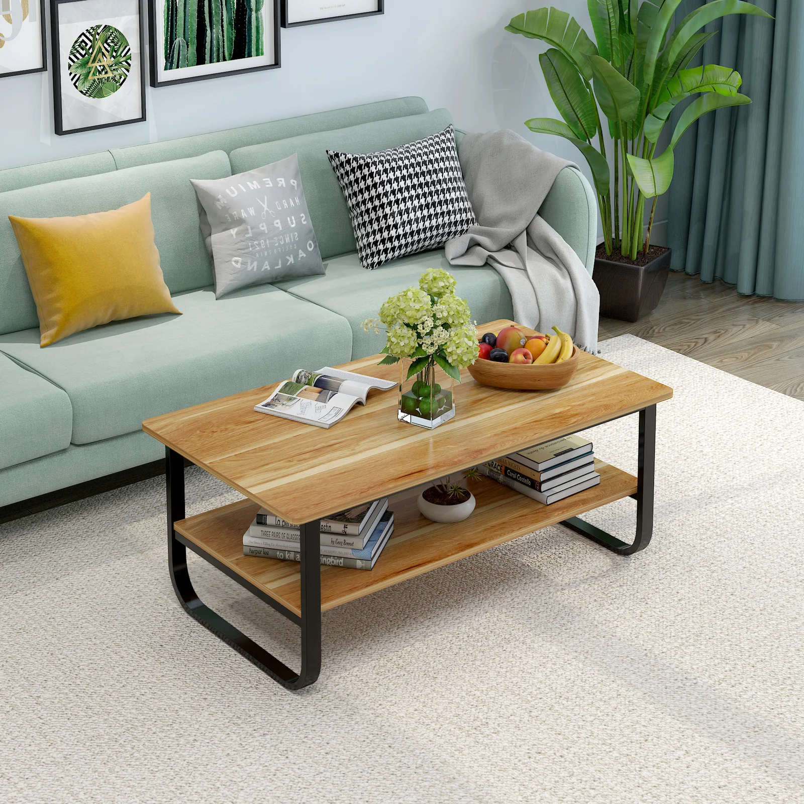 Elegance Wood & Steel Coffee Table with Shelf (Black and Oak) - Image 3
