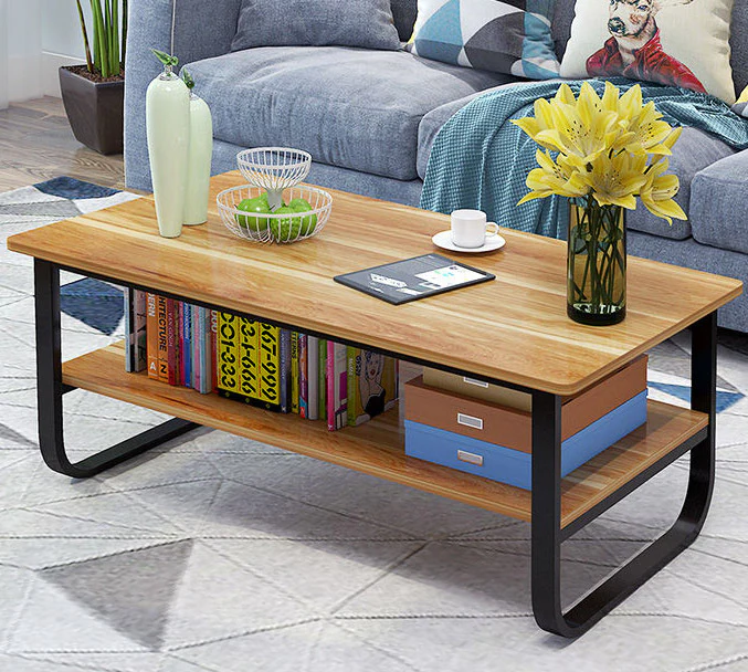 Elegance Wood & Steel Coffee Table with Shelf (Black and Oak) - Image 5