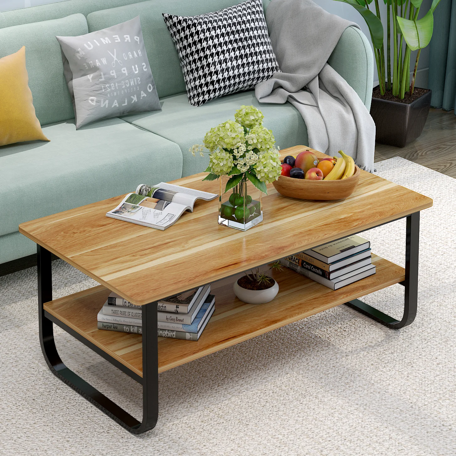 Elegance Wood & Steel Coffee Table with Shelf (Black and Oak) - Image 6
