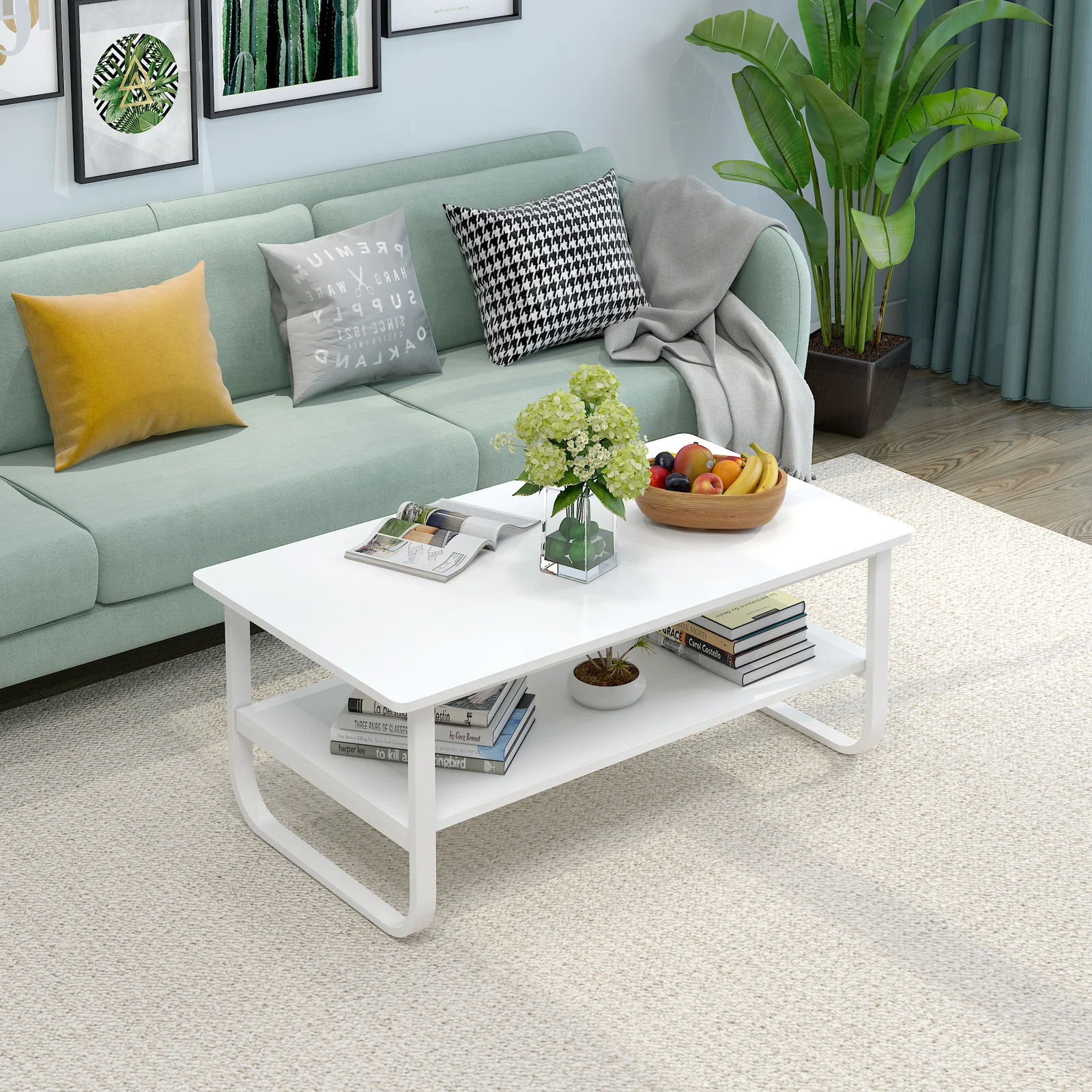 Elegance Wood & Steel Coffee Table with Shelf (White) - Image 2
