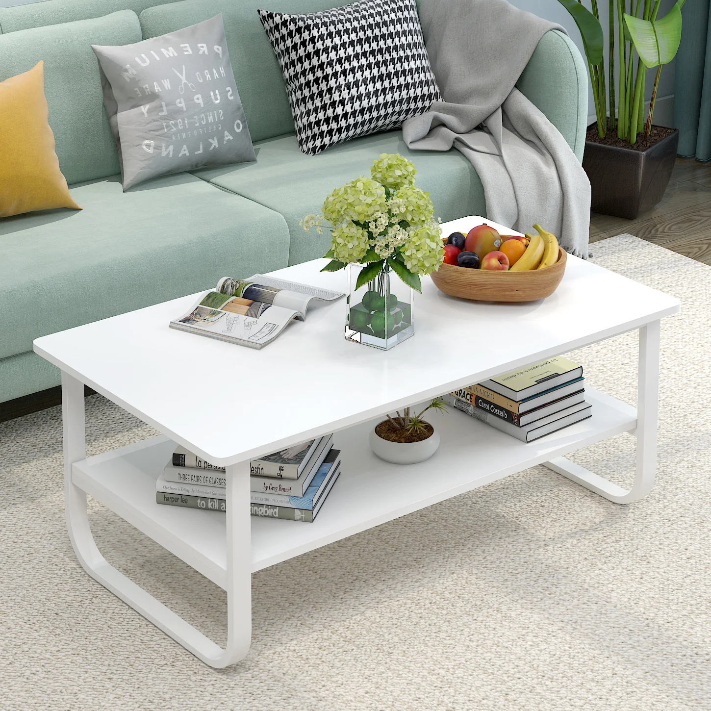 Elegance Wood & Steel Coffee Table with Shelf (White) - Image 5