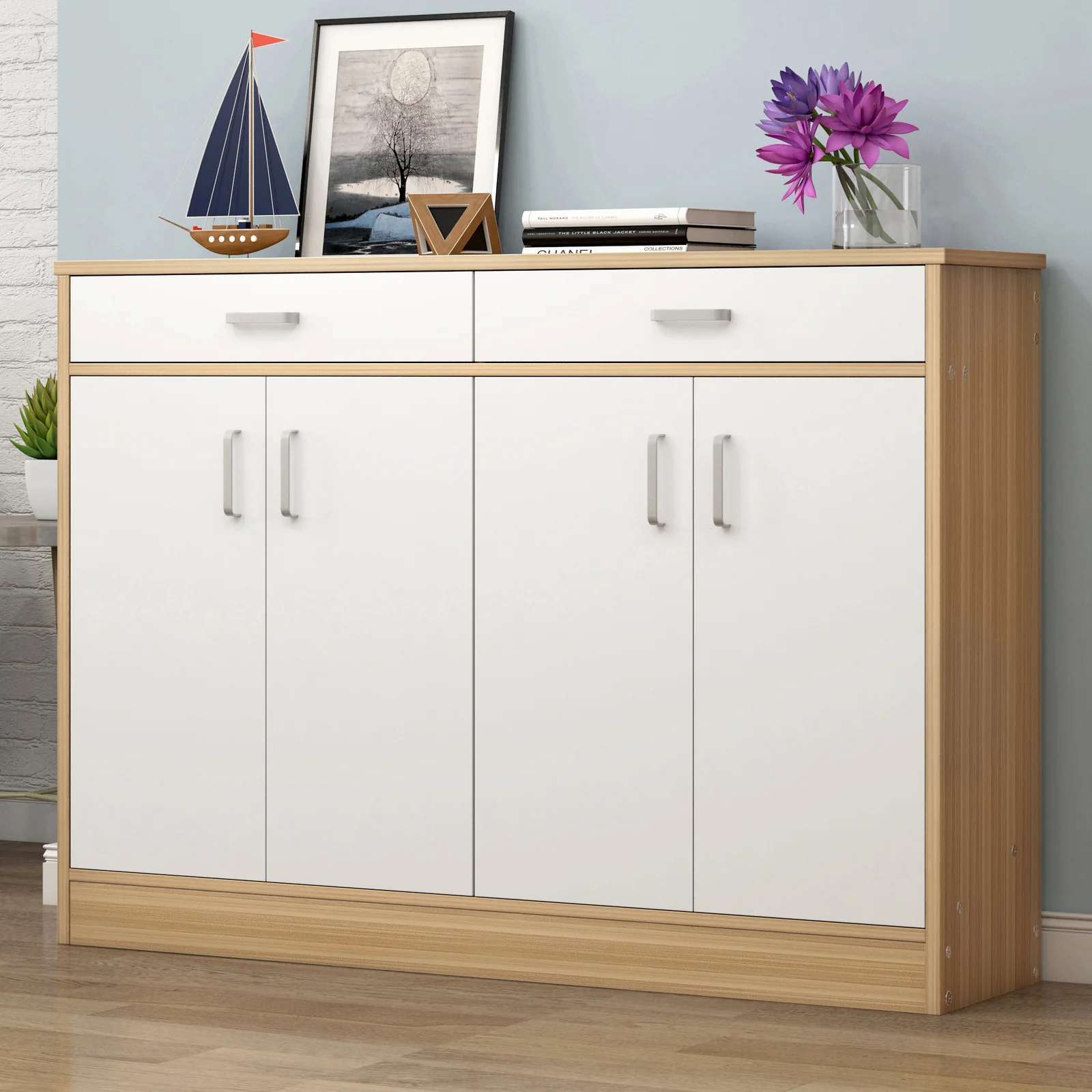 Elements 4-Door Double Buffet Shoe Storage Cabinet (Oak & White) - Image 15