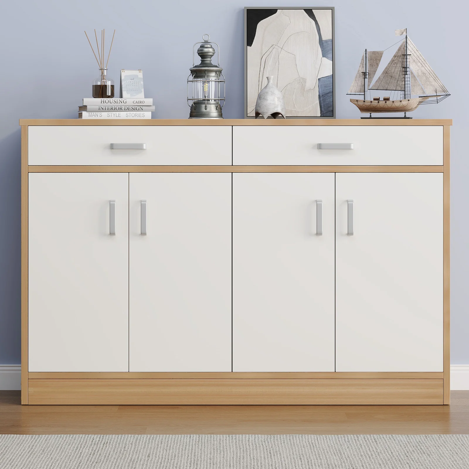 Elements 4-Door Double Buffet Shoe Storage Cabinet (Oak & White) - Image 3