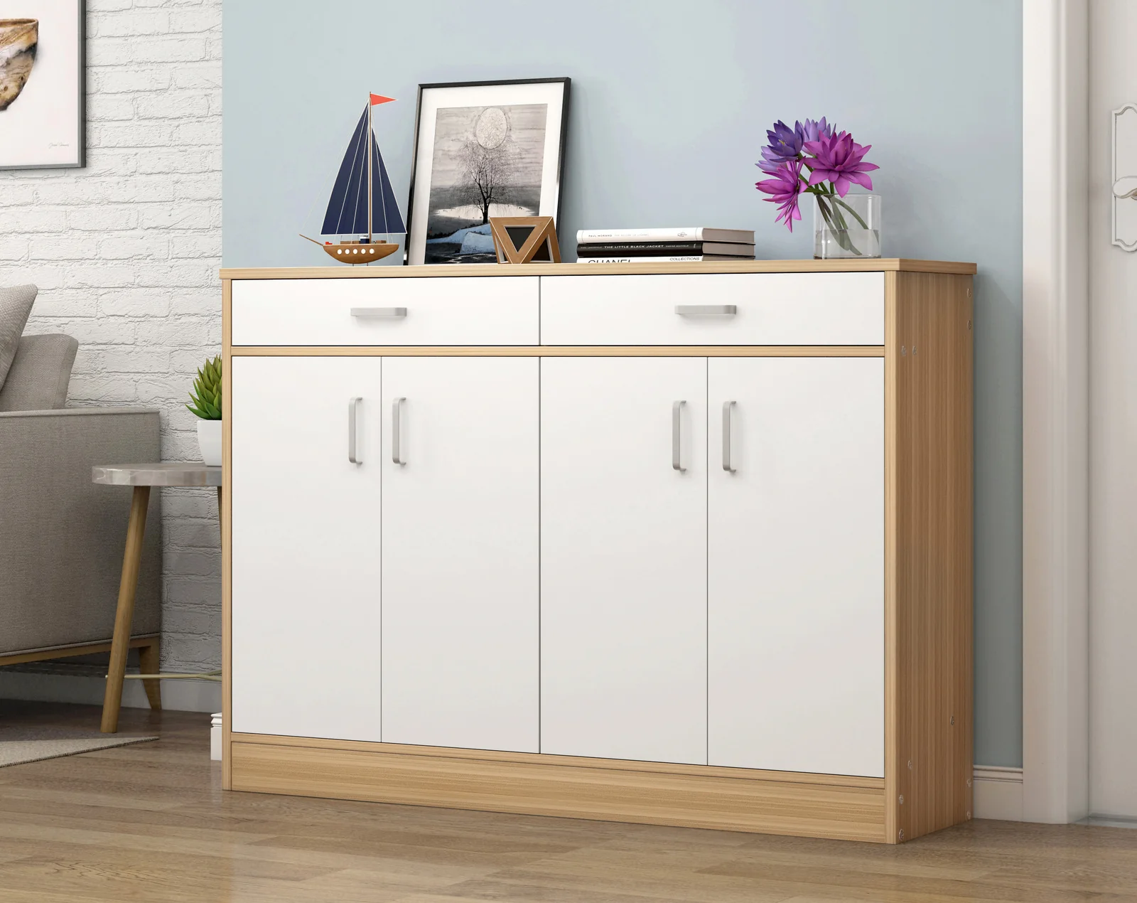Elements 4-Door Double Buffet Shoe Storage Cabinet (Oak & White) - Image 6