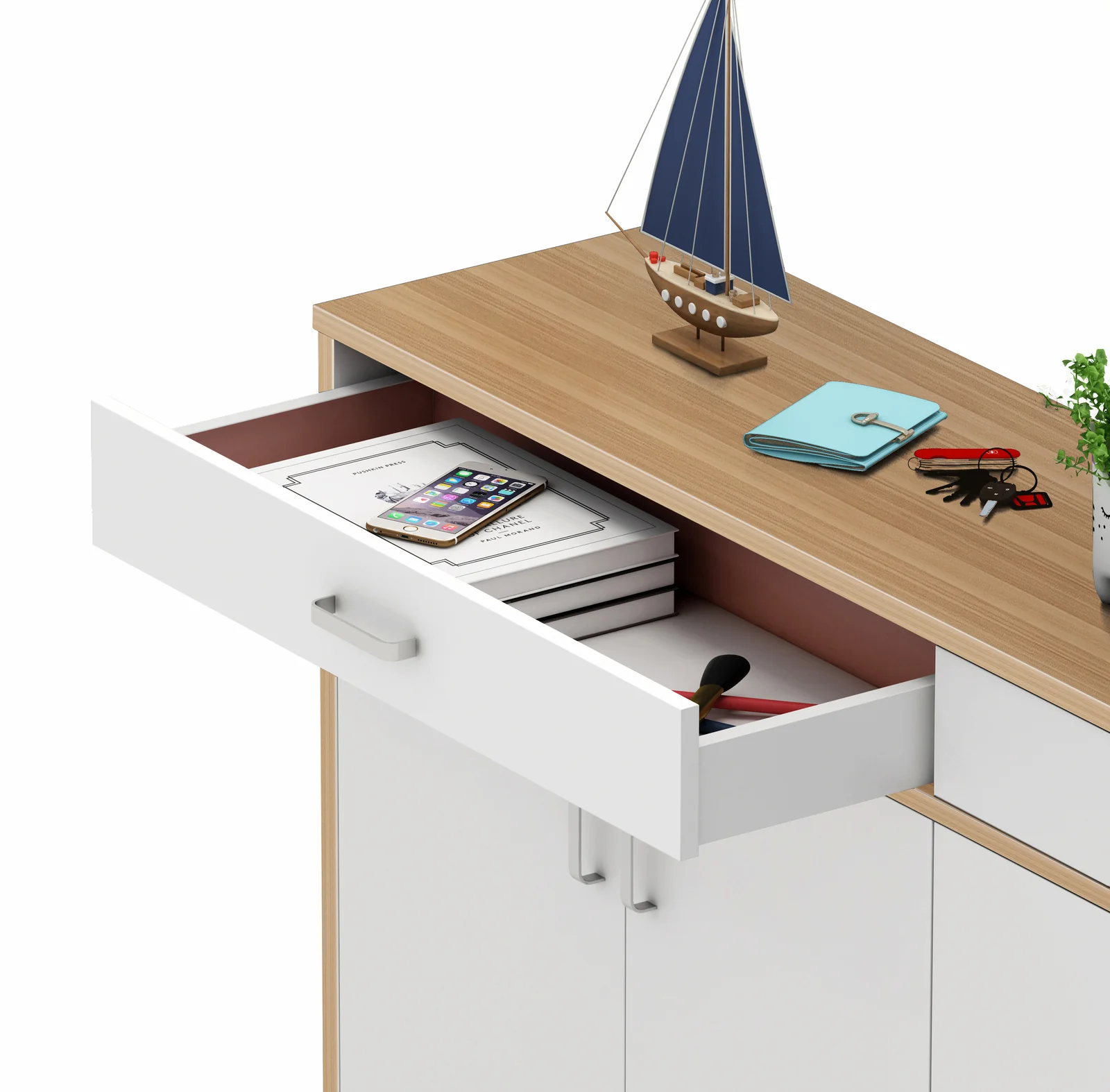 Elements 4-Door Double Buffet Shoe Storage Cabinet (Oak & White) - Image 8