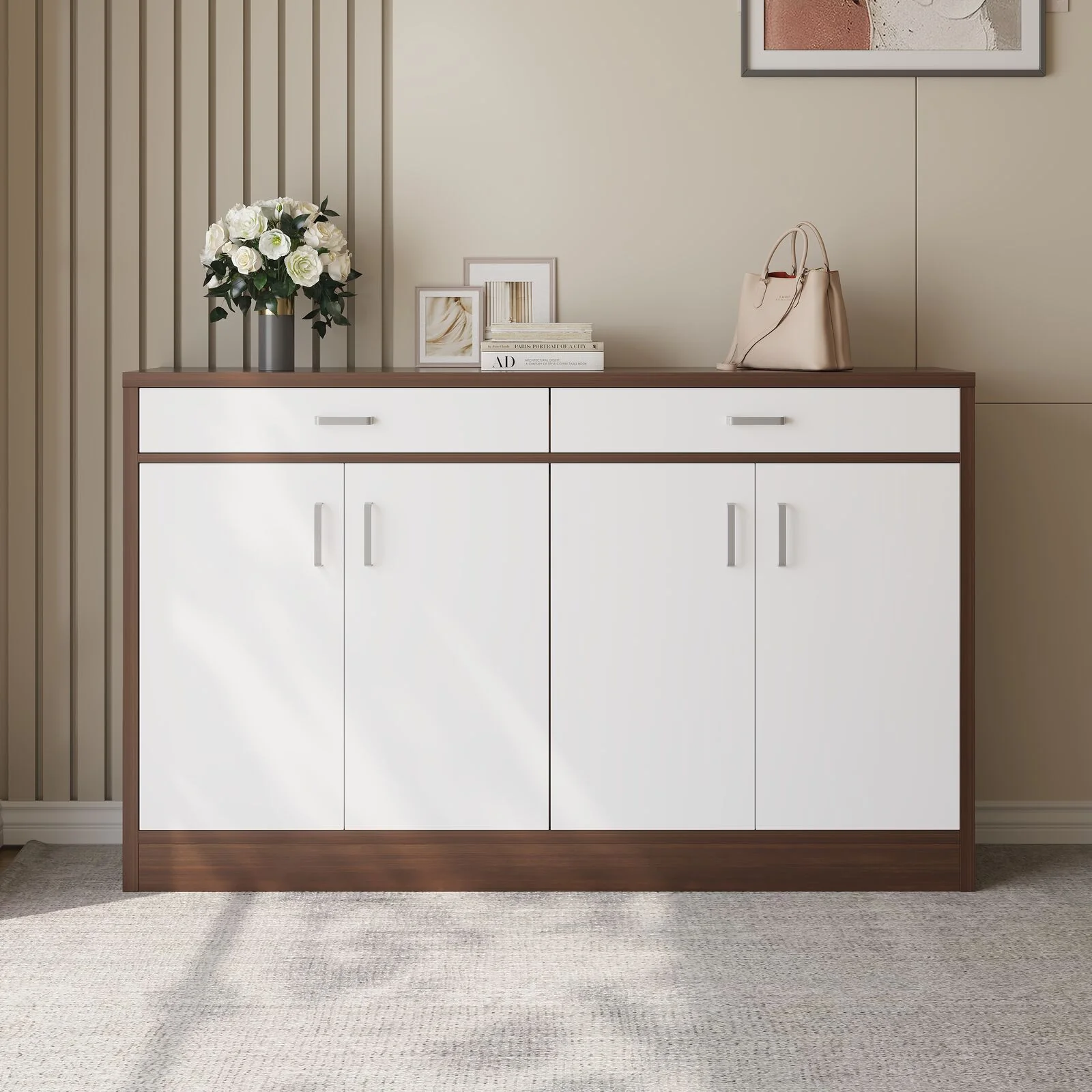 Elements 4-Door Double Buffet Shoe Storage Cabinet (Walnut & White) - Image 3